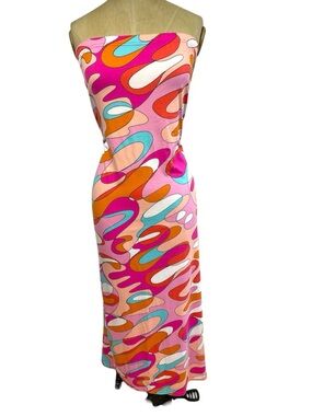 Rouge Pink Swirl Dress Strapless Maxi 2X Psychedelic Plus Y2K Aqua Tube Bodycon